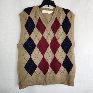 Vintage Argyle Sweater Vest Tan Brown Acrylic Size S Blue Burgundy